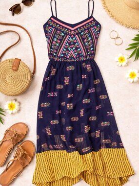 Xhilaration Boho Midi Dress Geometric Print Strappy Navy Size M